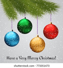 Christmas background with fir branch and balls on the white background. Vector illustration.