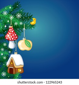 Christmas background from the fir branch, baubles and snowflakes
