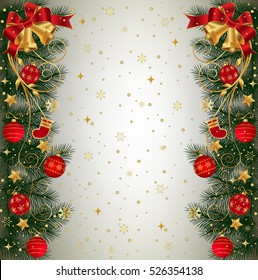 Christmas background with fir branch border with bells, ribbons and Christmas decorations. 