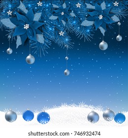 Christmas background with fir branch border and lights. Decorative festive background with Poinsettia flowers. Holiday border with trees, balls, stars and other ornaments
