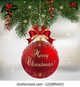 Christmas background with fir branch borders and decorative elements.Christmas border with trees, balls, stars and other ornaments