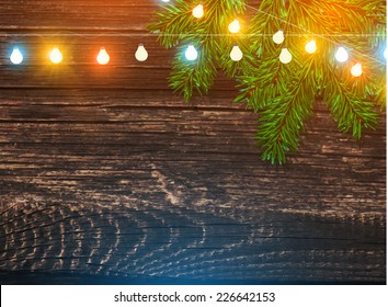 Christmas background with fir branch & lights. Vector illustration 