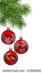 Christmas background with fir branch and red baubles