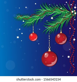 christmas background fir branch with red balls beads and stars in vector