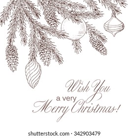 Christmas background with fir branch and toys. Vintage holiday frame. Vector illustration