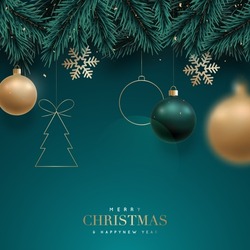 Christmas Background With Fir Branches And Balls, Snowflakes On Green Background. Festive Design Template For Winter Holidays. 