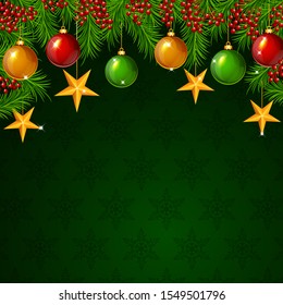 Christmas background with fir branches and balls with stars