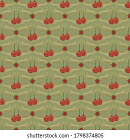 Christmas background with fir branches and Christmas balls. Seamless vector illustration.