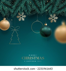 Christmas background with fir branches and balls, snowflakes on green background. Festive design template for winter holidays. 