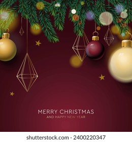 Christmas background with fir branches and balls, snowflakes on burgundy background. Festive design template for winter holidays, vector illustration