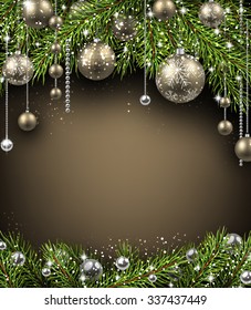 Christmas background with fir branches and balls. Vector illustration.