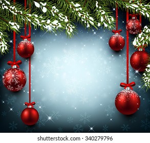 Christmas background with fir branches and balls. Vector illustration.
