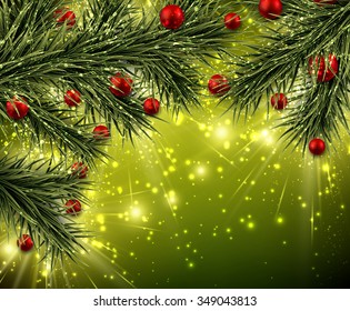 Christmas background with fir branches and balls. Vector Illustration.