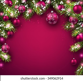 Christmas background with fir branches and balls. Vector illustration.