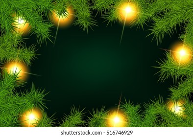 Christmas background with fir branches and balls. Vector illustration.