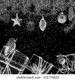 Christmas background with fir branches and balls. Hand drawn. Vector.
