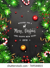 Christmas background with fir branches and balls. Vector illustration.
