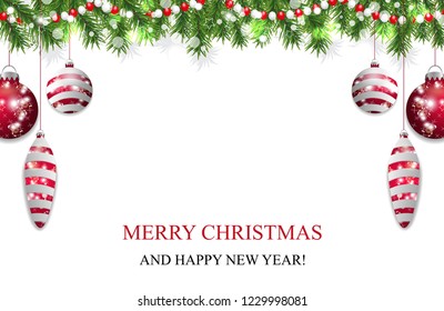 Christmas background with fir branches, beads and red baubles and ball. New Year decoration garland. Vector illustration.