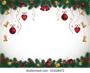 Christmas background with fir branches, bells, balls, ribbons and Christmas decorations