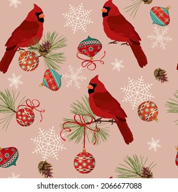 Christmas background with fir branches, bird cardinal and New Year's toys on a pink background. Seamless vector illustration for textile decoration, packaging.