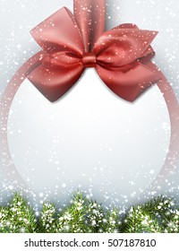 Christmas background with fir branches, bow and snow. Vector illustration.