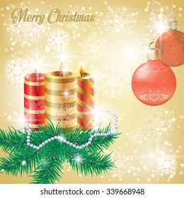 Christmas background with fir branches, candle and globe. Suitable for Christmas cards, illustrations, typography.