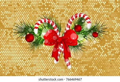 Christmas background with fir branches and candy cane decorated bow. Vector illustration