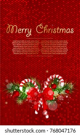 Christmas background with fir branches and candy cane decorated bow. Vector illustration