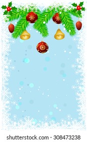 Christmas background with fir branches, Christmas-tree decorations, mistletoe, snowflakes and white grunge frame, vector illustration