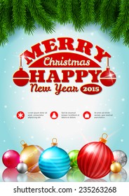 Christmas background, fir branches and colorful baubles