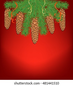 Christmas background with fir branches and cones