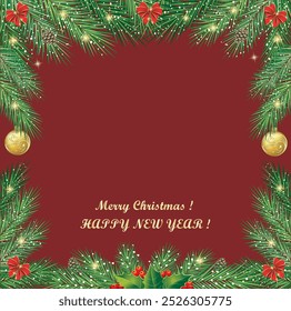 Christmas background of fir branches decorated with balls, bows and rowan berries. Place for your text and photo. New Year's festive frame.