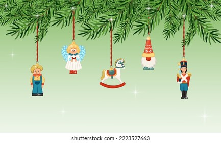 Christmas background with fir branches and Christmas decorations on gradient background. Vector illustration.