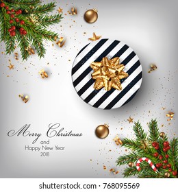 Christmas background with fir branches and Gift box. Vector