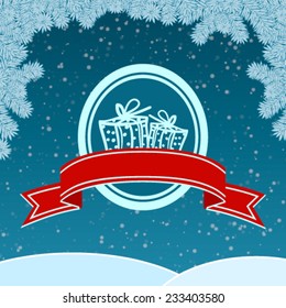 Christmas background with fir branches and gifts.