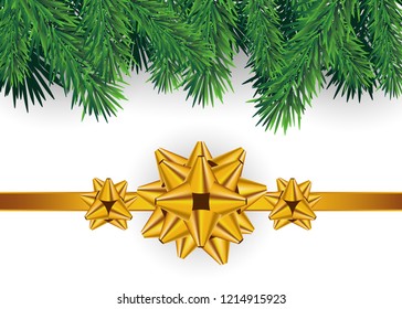 Christmas background with fir branches and gold ribbon