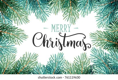 Christmas Background with Fir Branches and Handwriting Lettering. Vector Illustration