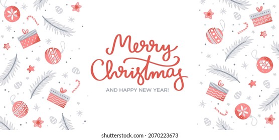 Christmas background with fir branches and holiday balls. Modern vector illustration in red and gray