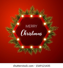 Christmas background with fir branches, light sign on red background, vector illustration