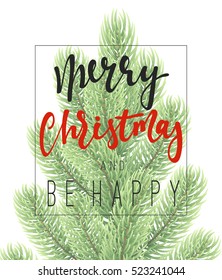 Christmas background with fir branches. Merry Christmas Greeting card and banner. Vector illustration