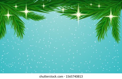 Christmas background with fir branches on a blue winter background.