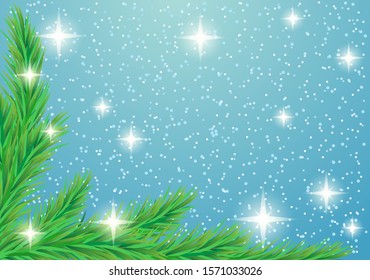 Christmas background with fir branches on a winter blue background.