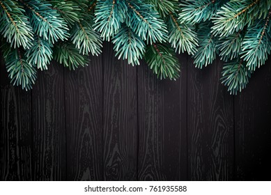 Christmas background with fir branches on a black wooden texture. Vector illustrationSpruce branches on a black wooden texture. Vector illustration