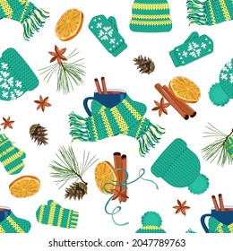 Christmas background with fir branches, orange, cinnamon, coffee and scarf on a white background. Seamless vector illustration for textile decoration, packaging.