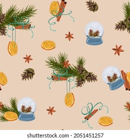Christmas background with fir branches, orange, cinnamon, snow globes. Seamless vector illustration for textile decoration, packaging.