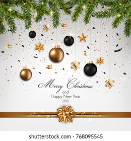 Christmas background with fir branches and Christmas ornaments. Vector