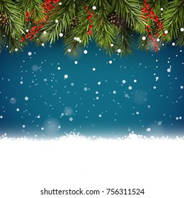 Christmas background with fir branches and pine cones on blue background