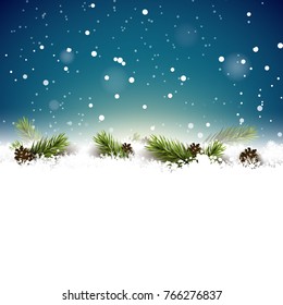 Christmas background with fir branches and pine cones in the snow.  Template with place for your text