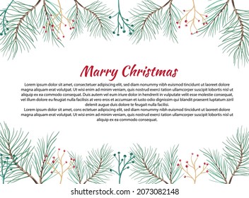 Christmas background with fir branches, with place for text. Vector top view illustration. For festive decoration of announcements, postcards, invitations, posters.