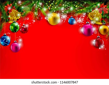 Christmas background with fir branches and red balls with decorations. Vector illustration